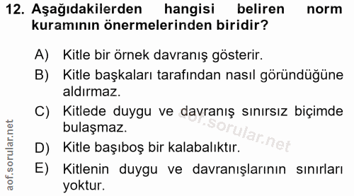 12. soru: Aşağıdakilerden hangisi beliren norm kuramının önermelerinden biridir? A) Kitle bir örnek davranış gösterir. B) Kitle…