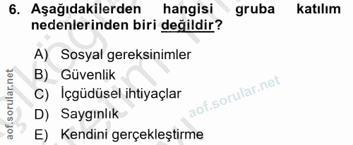 6. soru: Aşağıdakilerden hangisi gruba katılım nedenlerinden biri değildir? A) Sosyal gereksinimler B) Güvenlik C) Içgüdüsel i…