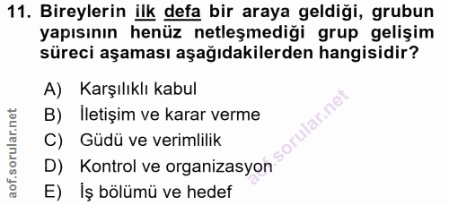 11. soru: Bireylerin ilk defa bir araya geldiği, grubun yapısının henüz netleşmediği grup gelişim süreci aşaması aşağıdakilerde…