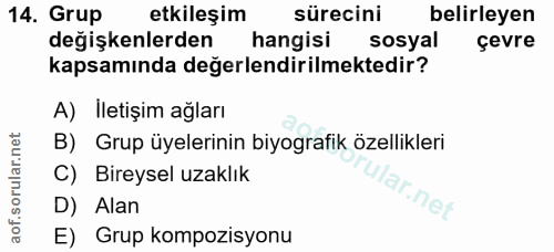 14. soru: Grup etkileşim sürecini belirleyen değişkenlerden hangisi sosyal çevre kapsamında değerlendirilmektedir? A) İletişim…