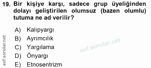 19. soru: Bir kişiye karşı, sadece grup üyeliğinden dolayı geliştirilen olumsuz (bazen olumlu) tutuma ne ad verilir? A) Kalıpya…