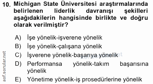 10. soru: Michigan State Üniversitesi araştırmalarında belirlenen liderlik davranışı şekilleri aşağıdakilerin hangisinde birlik…