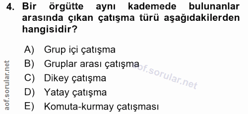 4. soru: Bir örgütte aynı kademede bulunanlar arasında çıkan çatışma türü aşağıdakilerden hangisidir? B) Gruplar arası çatışme…