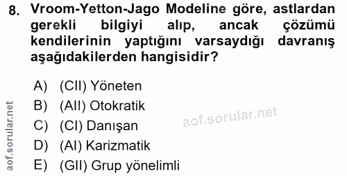 8. soru: Vroom-Yetton-Jago Modeline göre, astlardan gerekli bilgiyi alip, ancak çözümü kendilerinin yaptığını varsaydığı davra…