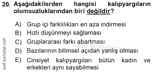 20. soru: Aşağıdakilerden hangisi kalıpyargiların olumsuzluklarından biri değildir? A) Grup içi farklılıkları en aza indirmesi…