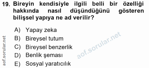 19. soru: Bireyin kendisiyle ilgili belli bir özelliği hakkında nasıl düşündüğünü gösteren bilişsel yapıya ne ad verilir? A) Ya…