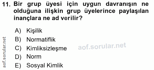 11. soru: Bir grup üyesi için uygun davranışın ne olduğuna ilişkin grup üyelerince paylaşılan inançlara ne ad verilir? A) Kişil…