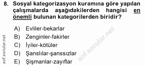 8. soru: Sosyal kategorizasyon kuramına göre yapılan çalışmalarda aşağıdakilerden hangisi en Önemli bulunan kategorilerden bir…