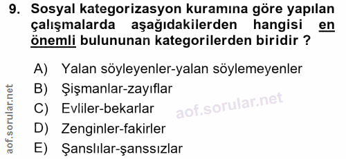 9. soru: Sosyal kategorizasyon kuramına göre yapılan çalışmalarda aşağıdakilerden hangisi en önemli bulununan kategorilerden b…