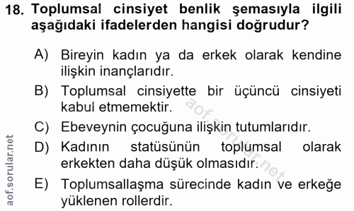 18. soru: Toplumsal cinsiyet benlik şemasıyla ilgili aşağıdaki ifadelerden hangisi doğrudur? A) Bireyin kadın ya da erkek olara…
