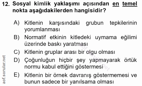 12. soru: Sosyal kimlik yaklaşımı açısından en temel nokta aşağıdakilerden hangisidir? A) Kitlenin karşısındaki grubun tepkiler…