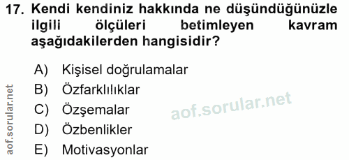 17. soru: Kendi kendiniz hakkında ne düşündüğünüzle ilgili ölçüleri betimleyen kavram aşağıdakilerden hangisidir? A) Kişisel do…