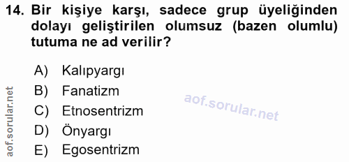 14. soru: Bir kişiye karşı, sadece grup üyeliğinden dolayı geliştirilen olumsuz (bazen olumlu) tutuma ne ad verilir? A) Kalıpya…