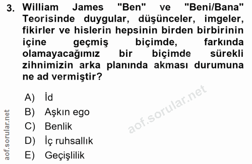 3. soru: William James "Ben" ve "Beni/Bana" Teorisinde duygular, düşünceler, imgeler, fikirler ve hislerin hepsinin birden bir…