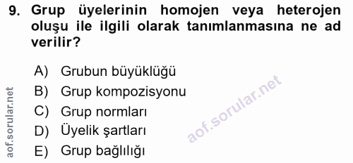 9. soru: Grup üyelerinin homojen veya heterojen oluşu ile ilgili olarak tanımlanmasına ne ad verilir? A) Grubun büyüklüğü B) G…