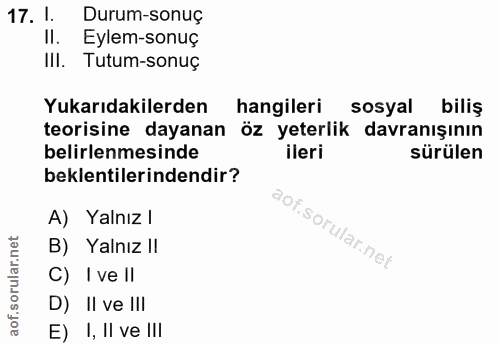 17. soru: L. Durum-sonuç II. Eylem-sonuç IlI. Tutum-sonuç Yukarıdakilerden hangileri sosyal biliş teorisine dayanan öz yeterlik…