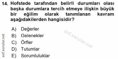 14. soru: Hofstede tarafindan belirli durumları olası başka durumlara tercih etmeye ilişkin büyük bir eğilim olarak tanimlanan…