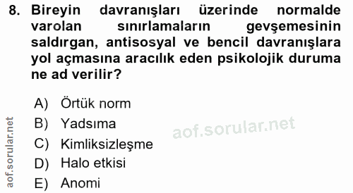 8. soru: Bireyin davranışları üzerinde normalde varolan sinırlamaların gevşemesinin saldırgan, antisosyal ve bencil davranışla…