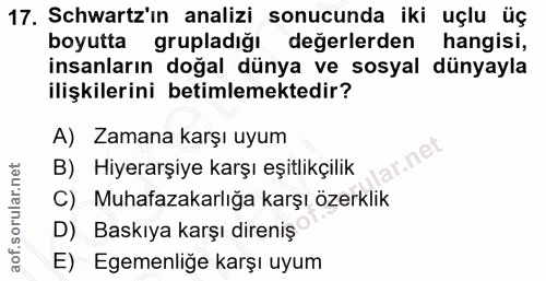 17. soru: Schwartz'in analizi sonucunda iki uçlu üç boyutta grupladığı değerlerden hangisi, insanların doğal dünya ve sosyal dü…