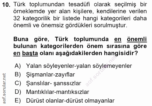 10. soru: Türk toplumundan tesadüfi olarak seçilmiş bir örneklemde yer alan kişilere, kendilerine verilen 32 kategorilik bir li…