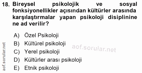 18. soru: Bireysel psikolojik ve sosyal fonksiyonellikler açısından kültürler arasında karşılaştırmalar yapan psikoloji disipli…