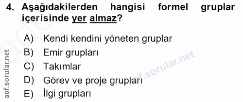 4. soru: Aşağıdakilerden hangisi formel gruplar içerisinde yer almaz? A) Kendi kendini yöneten gruplar B) Emir grupları C) Tak…