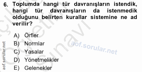 6. soru: Toplumda hangi tür davranışların istendik, hangi tür davranışların da istenmedik olduğunu belirten kurallar sistemine…
