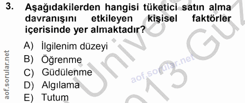 3. soru: Aşağıdakilerden hangisi tüketici satın alma davranışını etkileyen kişisel faktörler içerisinde yer almaktadır? A) Ilg…
