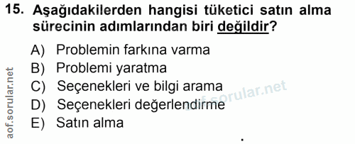 15. soru: Aşağıdakilerden hangisi tüketici satın alma sürecinin adımlarından biri değildir? A) Problemin farkina varma B) Probl…