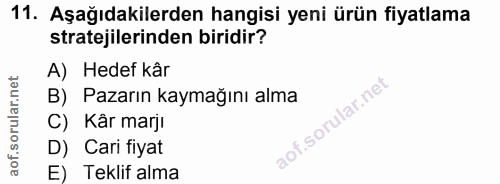 11. soru: Aşağıdakilerden hangisi yeni ürün fiyatlama stratejilerinden biridir? A) Hedef kâr B) Pazarın kaymağını alma C) Kâr m…