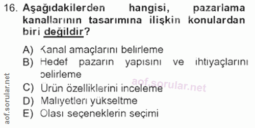 16. soru: Aşağıdakilerden hangisi, pazarlama kanallarının tasarımına ilişkin konulardan biri değildir? A) Yanal amaçlarını belı…