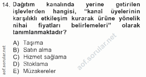 14. soru: Dagıtim kanalında yerine getirilen işlevlerden hangisi, "kanal üyelerinin karşılıklı etkileşim kurarak ürüne yönelik…