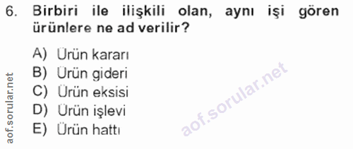 6. soru: Birbiri ile ilişkili olan, aynı işi gören ürünlere ne ad verilir? A) Urün kararı B) Urün gideri C) Ürün eksisi D) Urü…