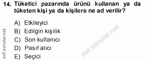 14. soru: Tüketici pazarında ürünü kullanan ya da tüketen kişi ya da kişilere ne ad verilir? A) Etkileyici B) Edilgin kişilik C…