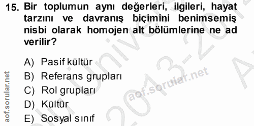 15. soru: Bir toplumun aynı değerleri, ilgileri, hayat tarzını ve davranış biçimini benimsemiş nisbi olarak homojen alt bölümle…