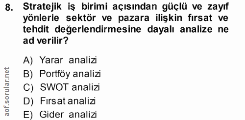 8. soru: Stratejik iş birimi açısından güçlü ve zayıf yönlerle sektör ve pazara ilişkin fırsat ve tehdit değerlendirmesine day…