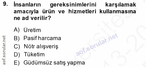 9. soru: Insanların gereksinimlerini karşılamak amacıyla ürün ve hizmetleri kullanmasına ne ad verilir? A) Uretim B) Pasif har…