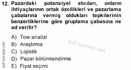 12. soru: Pazardaki potansiyel aliciları, onların ihtiyaçlarının ortak özellikleri ve pazarlama çabalarına vermiş oldukları tep…