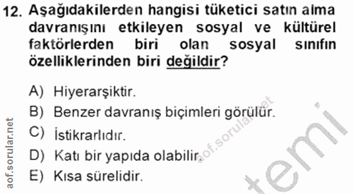 12. soru: Aşağıdakilerden hangisi tüketici satın alma davranışını etkileyen sosyal ve kültürel faktörlerden biri olan sosyal si…