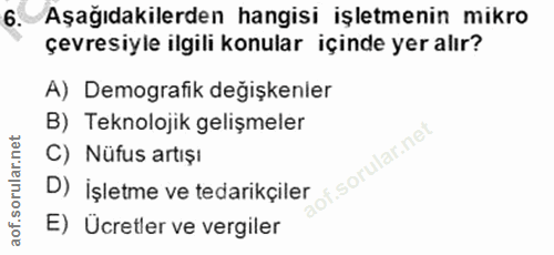 6. soru: Aşağıdakilerden hangisi işletmenin mikro çevresiyle ilgili konular içinde yer alır? A) Demografik değişkenler B) Tekn…