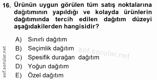 16. soru: Ürünün uygun görülen tüm satış noktalarına dağıtımının yapıldığı ve kolayda ürünlerin dağıtımında tercih edilen dağıt…