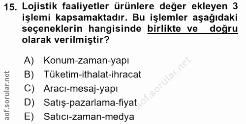 15. soru: Lojistik faaliyetler ürünlere değer ekleyen 3 işlemi kapsamaktadır. Bu işlemler aşağıdaki seçeneklerin hangisinde bir…