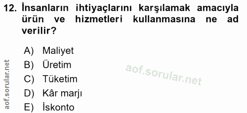 12. soru: İnsanların ihtiyaçlarını karşılamak amacıyla ürün ve hizmetleri kullanmasına ne ad verilir? A) Maliyet B) Uretim C) T…