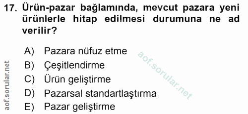 17. soru: Ürün-pazar bağlamında, mevcut pazara yeni ürünlerle hitap edilmesi durumuna ne ad verilir? A) Pazara nüfuz etme B) Çe…