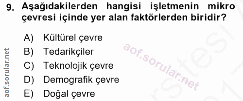 9. soru: Aşağıdakilerden hangisi işletmenin mikro çevresi içinde yer alan faktörlerden biridir? A) Kültürel çevre B) Tedarikçi…