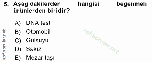 5. soru: Aşağıdakilerden hangisi beğenmeli ürünlerden biridir? A) DNA testi B) Otomobil C) Gülsuyu D) Sakız E) Mezar taşı