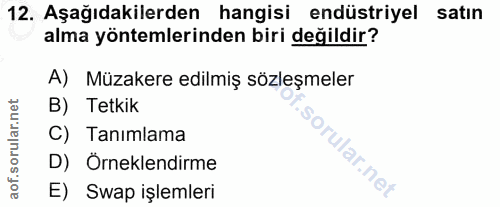 12. soru: Aşağıdakilerden hangisi endüstriyel satın alma yöntemlerinden biri değildir? A) Müzakere edilmiş sözleşmeler B) Tetki…