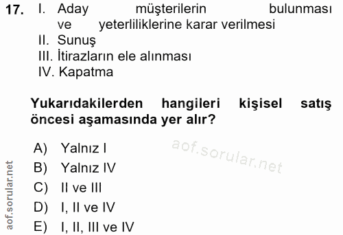 17. soru: I. Aday müşterilerin bulunması ve yeterliliklerine karar verilmesi II. Sunuş III. İtirazların ele alınması IV. Kapatm…
