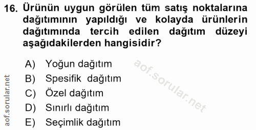 16. soru: Ürünün uygun görülen tüm satış noktalarına dağıtımının yapıldığı ve kolayda ürünlerin dağıtımında tercih edilen dağıt…