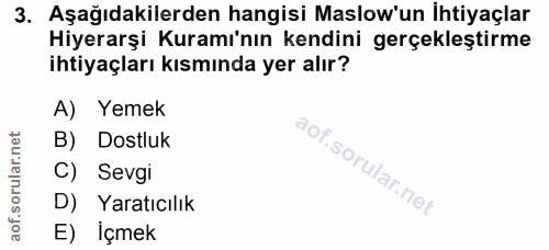 3. soru: Aşağıdakilerden hangisi Maslow'un İhtiyaçlar Hiyerarşi Kuramı'nın kendini gerçekleştirme ihtiyaçları kısmında yer alı…